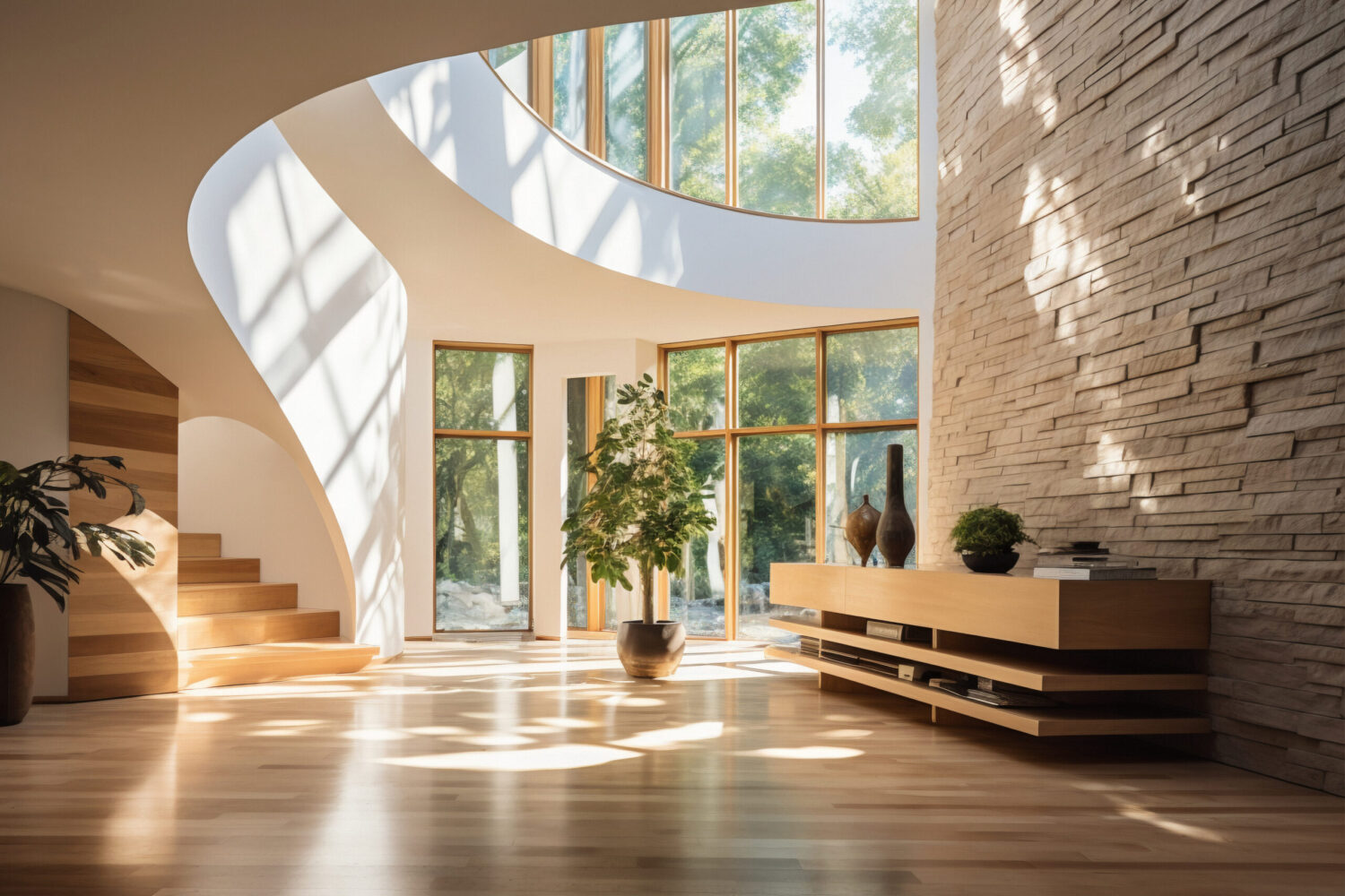 Modern, two-story glass foyer with new flooring and slate foal wall.