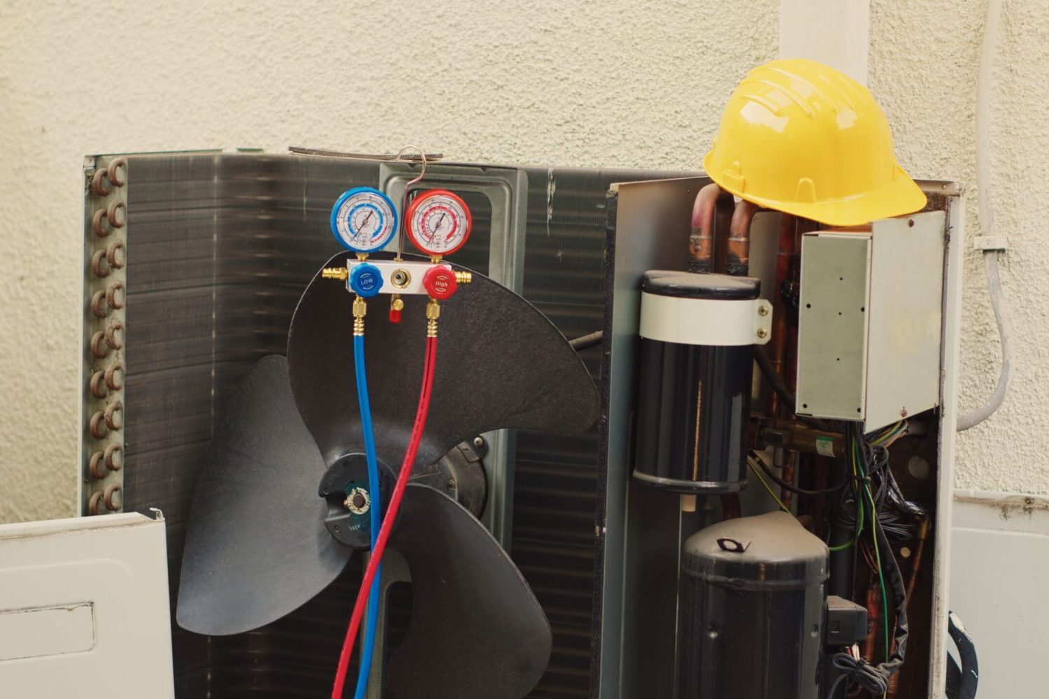 HVAC system refrigerant pressure, in need of mending. Set of barometer high or low freon levels benchmarking air conditioner component